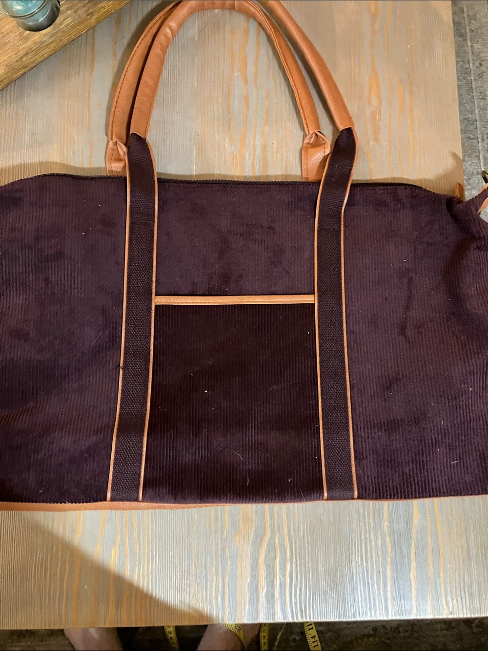 DSW Corduroy Tote in Burgundy with Tan Trim